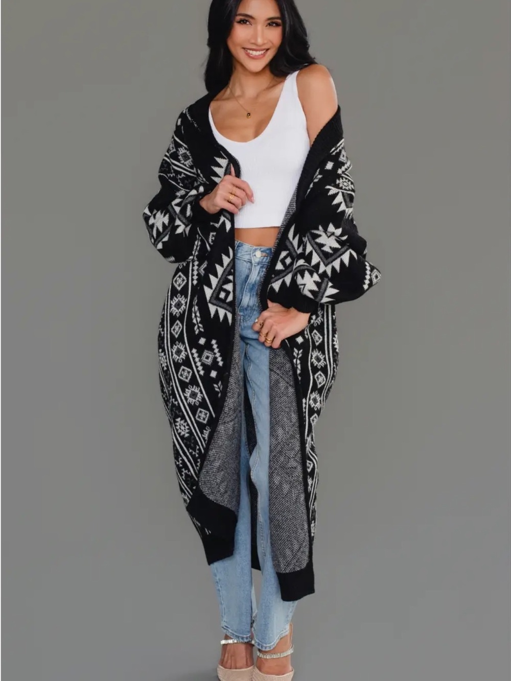 Boho Black & White Aztec Long Cardigan Sweater